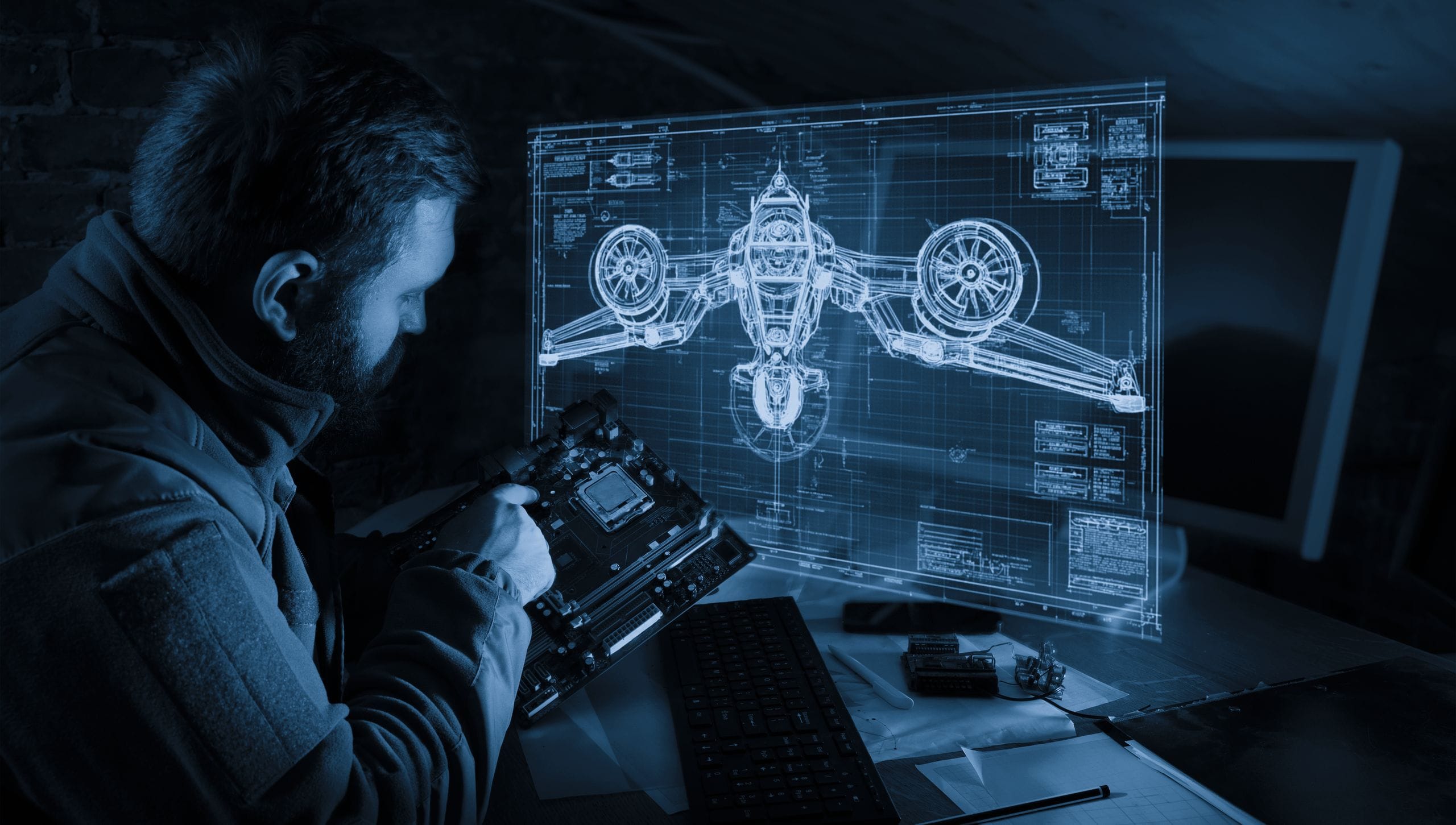 An engineer studying an aircraft blueprint model
